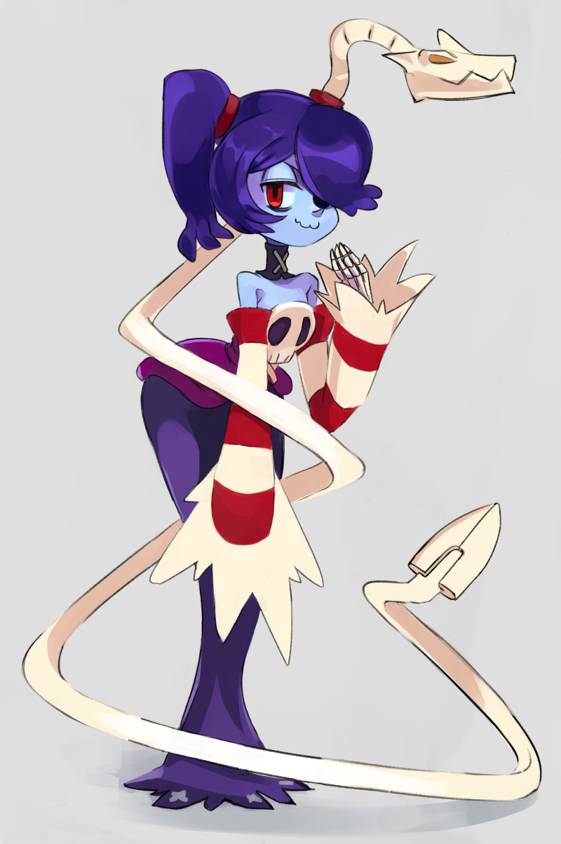 1girl, blue_hair, blue_skin, colored_skin, detached_collar, detached_sleeves, dress, full_body