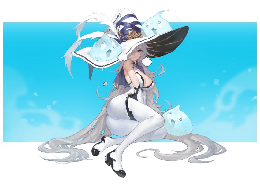 1girl, absurdly_long_hair, absurdres, ass, blue_eyes, boots, breasts, capelet