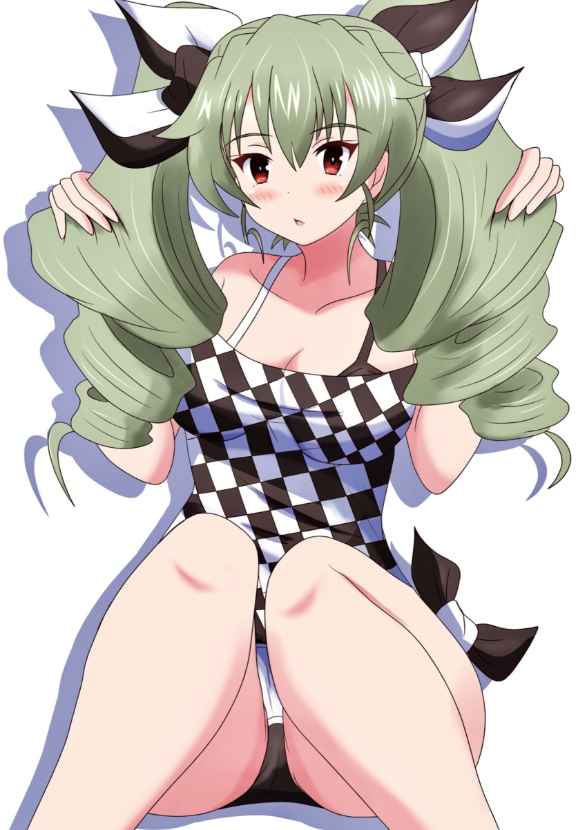 1girl, :o, anchovy_(girls_und_panzer), black_ribbon, black_shorts, breasts, casual, checkered_clothes