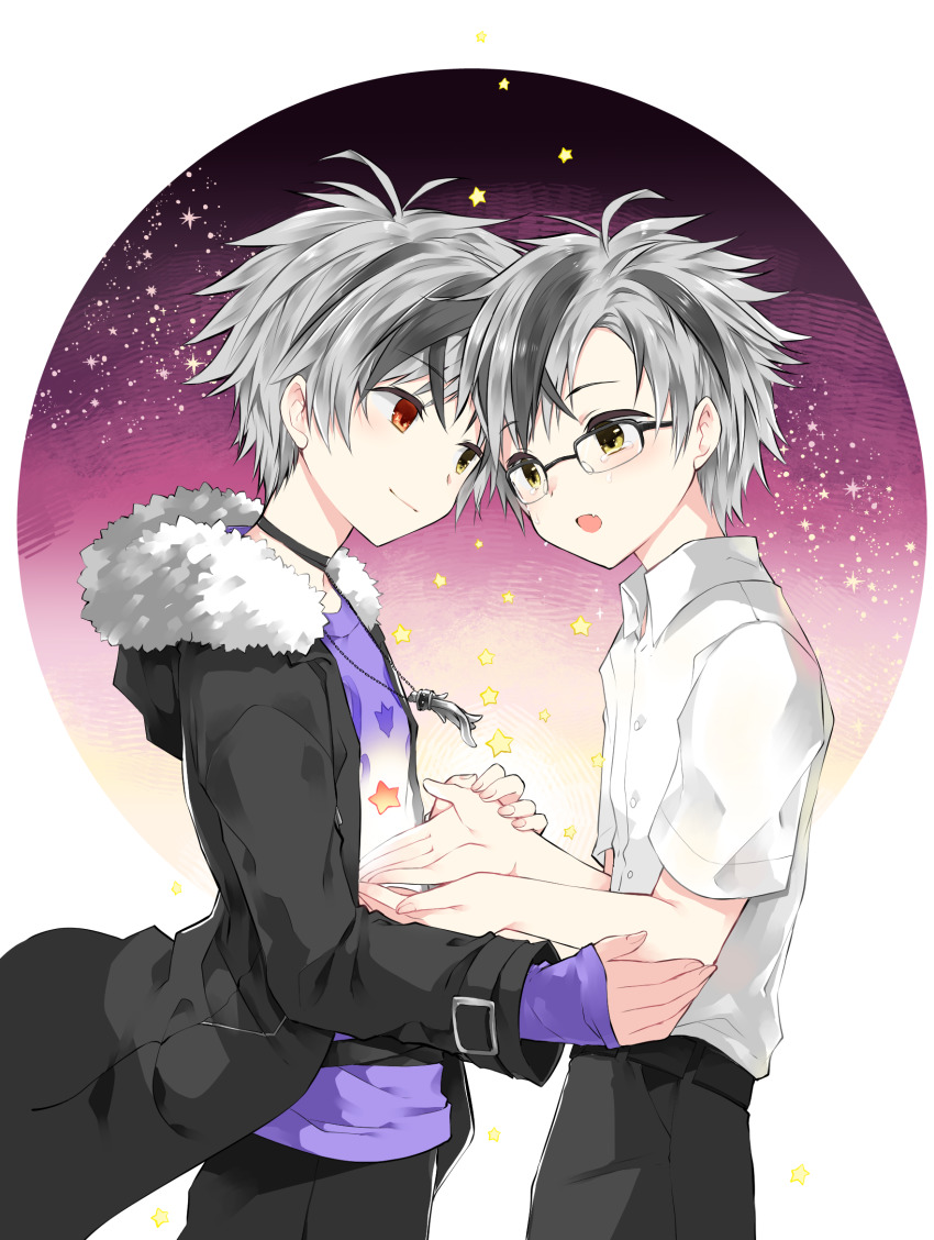 2boys, black-framed_eyewear, black_choker, black_hair, black_jacket, black_pants, blush, brown_eyes