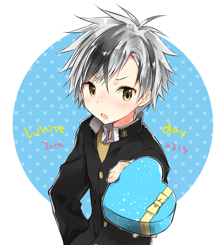 1boy, black_hair, black_jacket, blue_background, blush, box, brown_eyes, collared_shirt