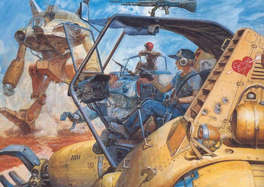 1980s_(style), 3boys, baseball_cap, cockpit, desert, dugger, dust, facial_hair, gloves, gun, hat, headset, helmet, jumpsuit, machine_gun, male_focus, mecha, multiple_boys, mustache, non-humanoid_robot, official_art, oldschool, production_art, realistic, retro_artstyle, robot, sentou_mecha_xabungle, shirt, shoes, sneakers, t-shirt, takani_yoshiyuki, trad_11, walker_(robot), walker_machine, weapon, xabungle