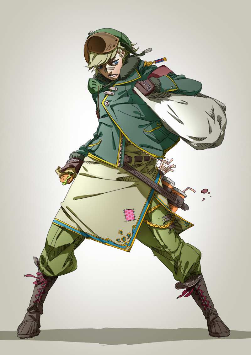 00s, 1boy, arabahama, bag, burger, darker_than_black, food, full_body