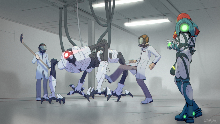 1girl, 2boys, arm_cannon, armor, boston_dynamics, cable, e.m.m.i., facing_another