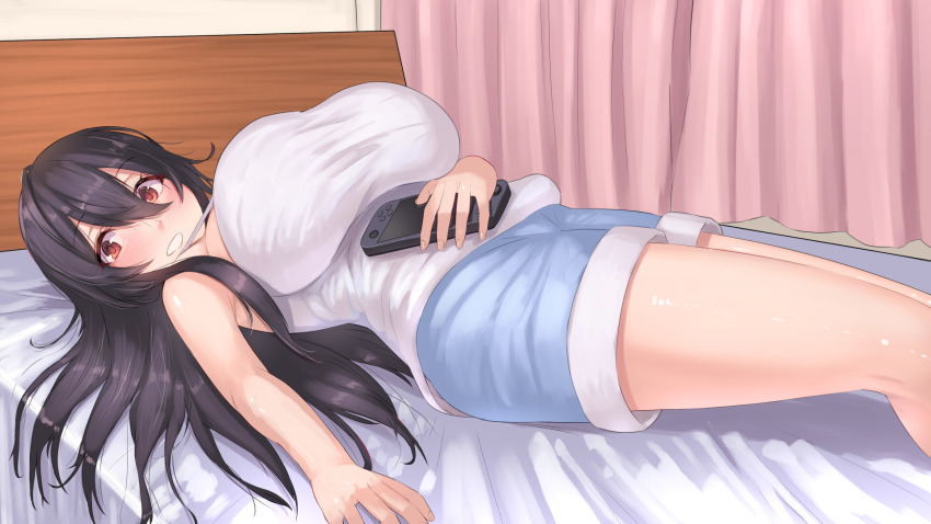 1girl, arms_at_sides, bed, black_hair, blue_shorts, breasts, brown_eyes, grin, hair_between_eyes, hair_spread_out, handheld_game_console, highres, huge_breasts, long_hair, looking_at_viewer, lying, messy_hair, natsuishi_nana, nintendo_switch, nintendo_switch_lite, on_back, on_bed, original, pants, playstation_portable, shirt, shorts, sleeveless, sleeveless_shirt, smile, solo, spaghetti_strap, tank_top, teeth, thighs, white_shirt