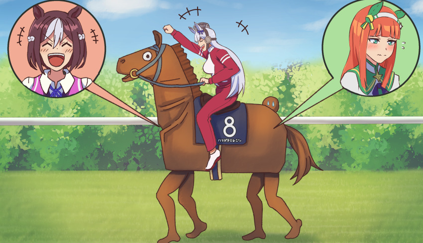 3girls, animal_ears, bow, brown_hair, ear_covers, ear_ribbon, artistic_error, flying_sweatdrops