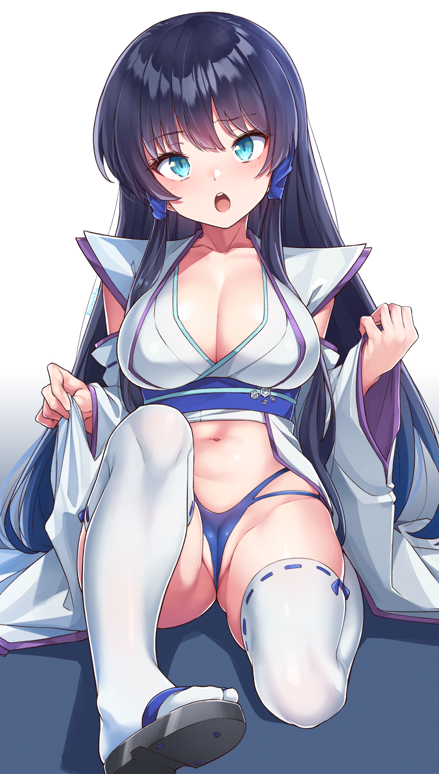 1girl, astaroth_(sentouin_haken_shimasu!), astaroth_(sentouin_hakenshimasu!), black_hair, black_sandals, blue_eyes, blue_panties, blush, breasts, cleavage, commentary_request, gluteal_fold, highres, japanese_clothes, kimono, konnyaku_(kk-monmon), large_breasts, long_hair, long_sleeves, looking_at_viewer, midriff, multi-strapped_panties, navel, obi, open_mouth, panties, ribbon-trimmed_legwear, ribbon_trim, sandals, sash, sentouin_hakenshimasu!, sitting, solo, teeth, thighhighs, underwear, upper_teeth_only, very_long_hair, white_kimono, white_thighhighs, wide_sleeves