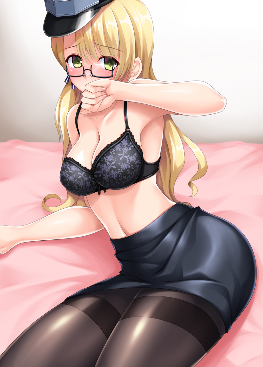 1girl, absurdres, black-framed_eyewear, black_bra, black_pantyhose, black_skirt, blonde_hair, bra