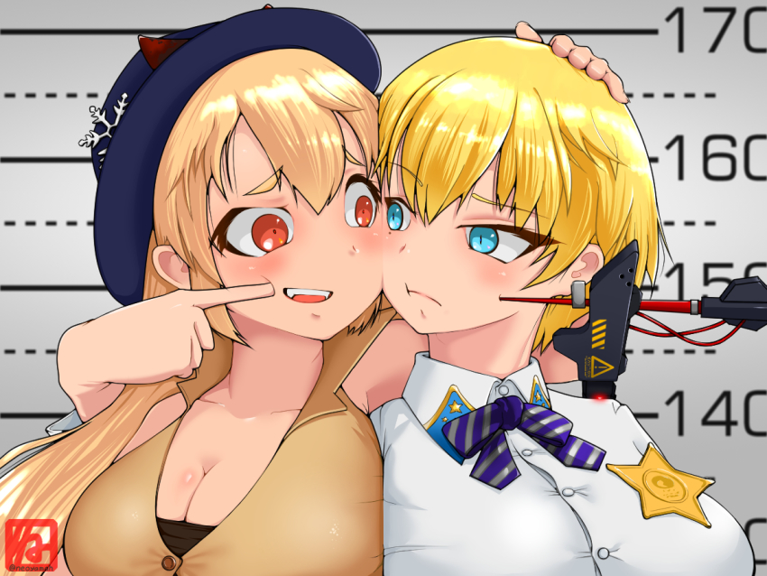 2girls, blonde_hair, blue_eyes, breasts, buttons, cheek-to-cheek, cheek_poking, cleavage