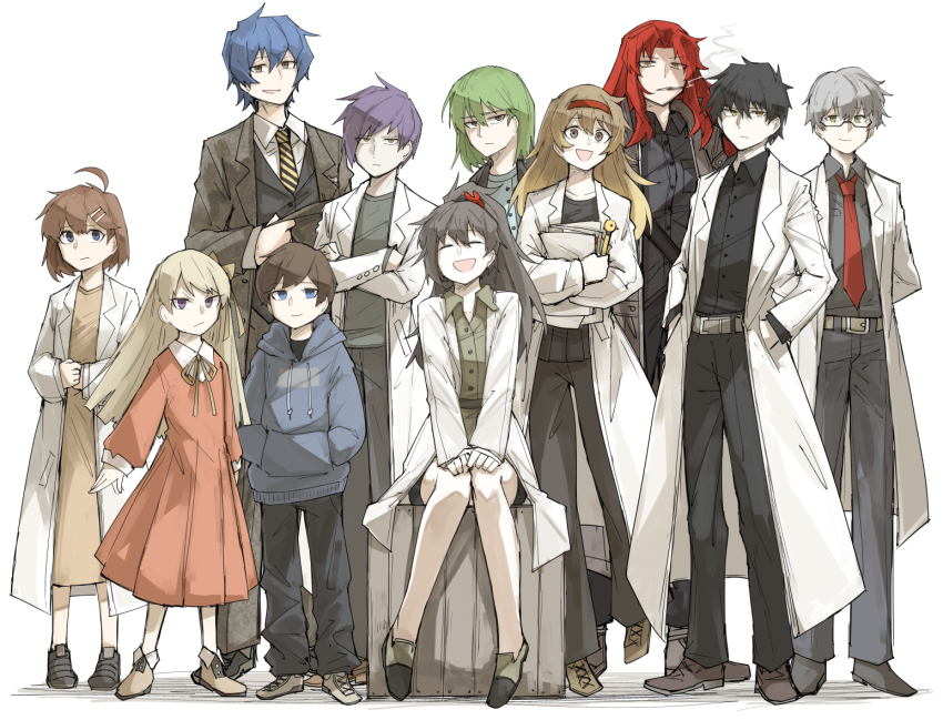 5girls, 6+boys, ayin_(project_moon), binah_(project_moon), black_hair, black_shirt, blouse, blue_hair