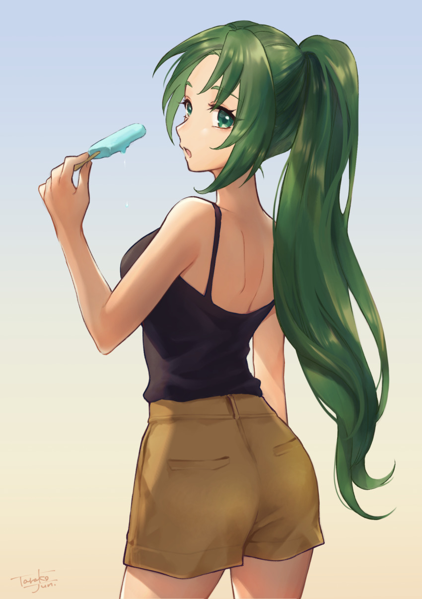 1girl, commentary_request, food, from_behind, gradient_background, green_eyes, green_hair, high-waist_shorts