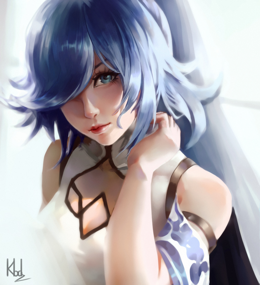 1girl, adjusting_hair, bare_shoulders, black_hair, blue_eyes, breasts, china_dress, chinese_clothes