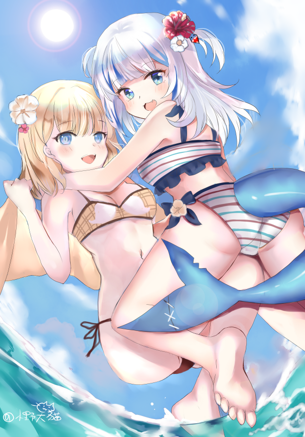 2girls, :d, ass, bare_arms, bare_legs, bare_shoulders, barefoot, bikini, blonde_hair, blue_eyes, blue_hair, blue_sky, blush, breasts, cloud, commentary_request, day, fins, fish_tail, flower, frilled_bikini, frills, gawr_gura, hair_flower, hair_ornament, hibiscus, hololive, hololive_english, looking_at_viewer, lunacats, medium_breasts, multicolored_hair, multiple_girls, navel, open_mouth, outdoors, red_flower, shark_tail, signature, silver_hair, sky, smile, soles, streaked_hair, striped_bikini, striped_clothes, sun, swimsuit, tail, teeth, two_side_up, upper_teeth_only, virtual_youtuber, water, watson_amelia, white_flower
