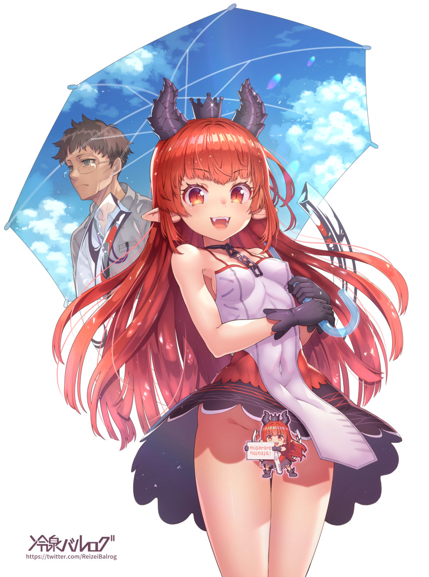 1boy, 1girl, :d, black_gloves, black_headwear, black_horns, blue_sky, blunt_bangs, brown_hair, censored, cloud, commentary_request, covered_navel, crown, cumulonimbus_cloud, glasses, gloves, green_eyes, highres, holding, holding_umbrella, horns, irodori_(irodoriginal), long_hair, looking_at_viewer, no_panties, novelty_censor, open_mouth, pointy_ears, red_eyes, red_hair, reisen_balrog, short_hair, skin_tight, sky, slit_pupils, smile, teeth, twitter_username, umbrella, white_background