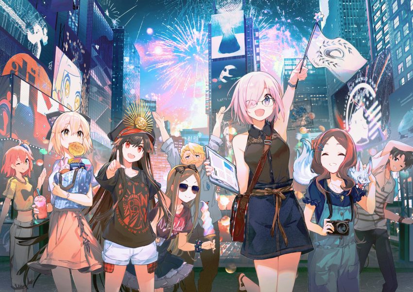 +_+, 2boys, 6+girls, :d, ;), ^_^, aerial_fireworks, alternate_costume