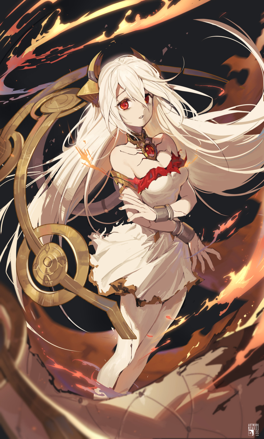 1girl, absurdres, alchemy_stars, bare_legs, bare_shoulders, bracelet, breasts, burnt_clothes