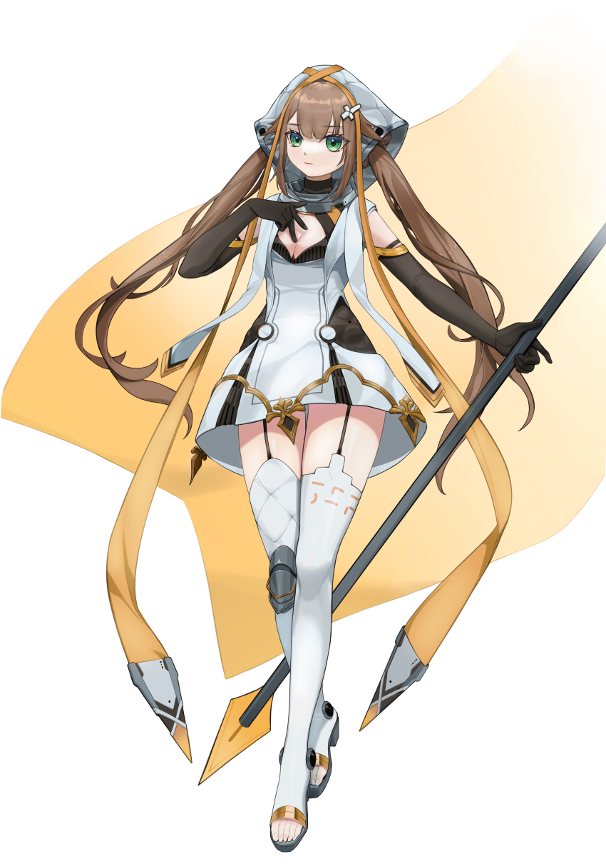 1girl, absurdres, alchemy_stars, amy_(alchemy_stars), black_gloves, blonde_hair, breasts, cleavage, cleavage_cutout, clothing_cutout, deval, dress, elbow_gloves, full_body, garter_straps, gloves, green_eyes, hair_ornament, hairpin, highres, holding, small_breasts, solo, thighhighs, thighs, toeless_footwear, toes, twintails, white_dress, white_footwear, white_headwear, white_thighhighs