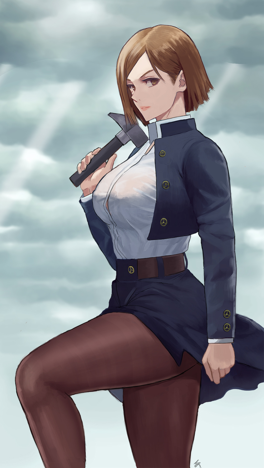 1girl, belt, blue_skirt, bra_visible_through_clothes, breasts, brown_eyes, brown_hair, cloud