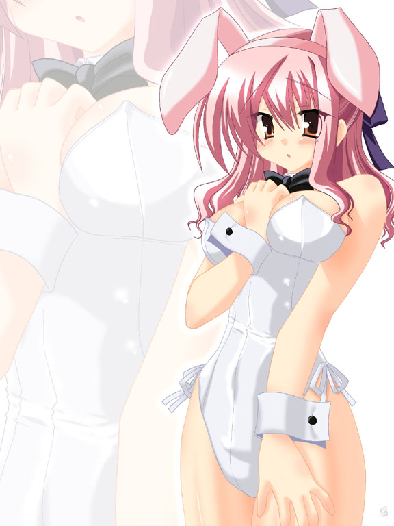 1girl, animal_ears, bare_legs, brown_eyes, fake_animal_ears, female_focus, long_hair, pink_hair, playboy_bunny, rabbit_ears, saano_chia, solo, tenshinranman, tokiwa_mahiro, zoom_layer