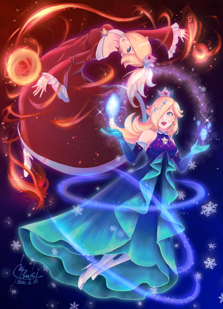 2girls, absurdres, alternate_costume, bare_shoulders, blonde_hair, blue_dress, blue_eyes, brooch