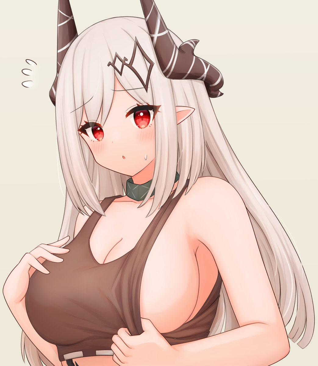 1girl, arknights, black_tank_top, breasts, clothes_pull, collar, demon_horns, flying_sweatdrops