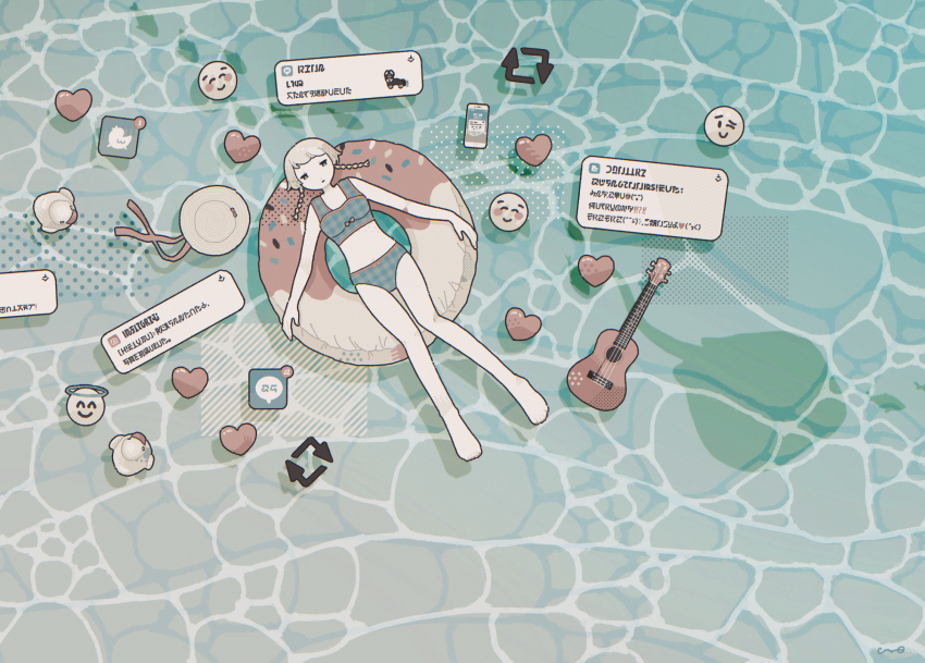 1girl, bikini, bird, braid, duck, emoji, fish, guitar