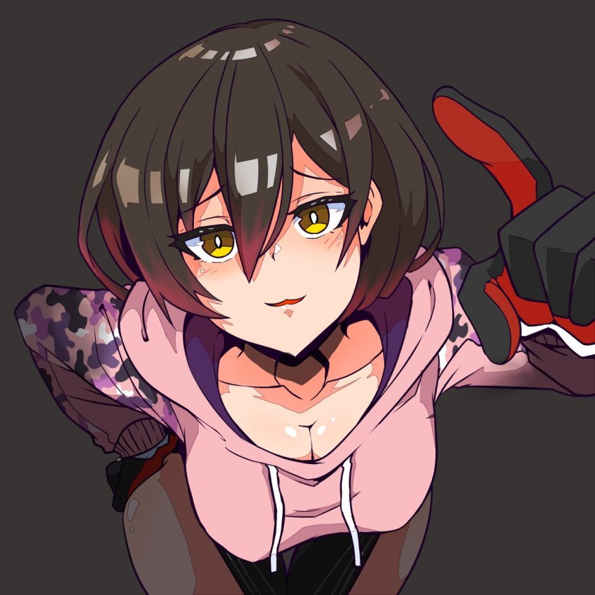 1girl, :3, aikohgin, black_gloves, bob_cut, breasts, bright_pupils, brown_background