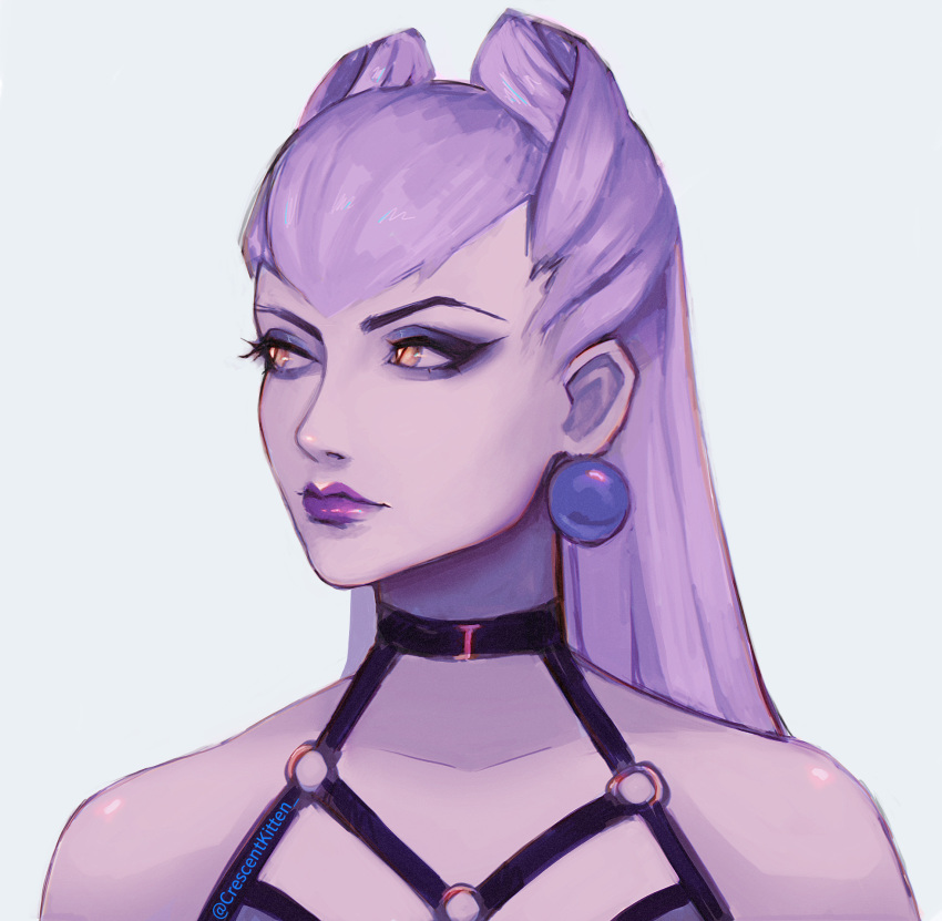 1girl, bare_shoulders, crescentkitten, demon_girl, earrings, evelynn_(league_of_legends), eyeliner, floating_earrings, highres, jewelry, k/da_all_out_evelynn, league_of_legends, lipstick, long_hair, looking_to_the_side, makeup, open_clothes, silver_hair, solo, the_baddest_evelynn, yellow_eyes