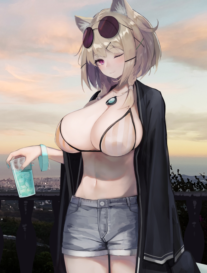1girl, absurdres, animal_ear_fluff, animal_ears, arknights, bikini, bikini_top_only, black_jacket