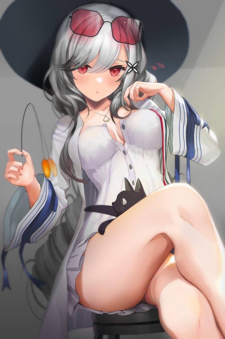 1girl, animal, animal_on_lap, asymmetrical_hair, azur_lane, black_cat, black_hat, breasts