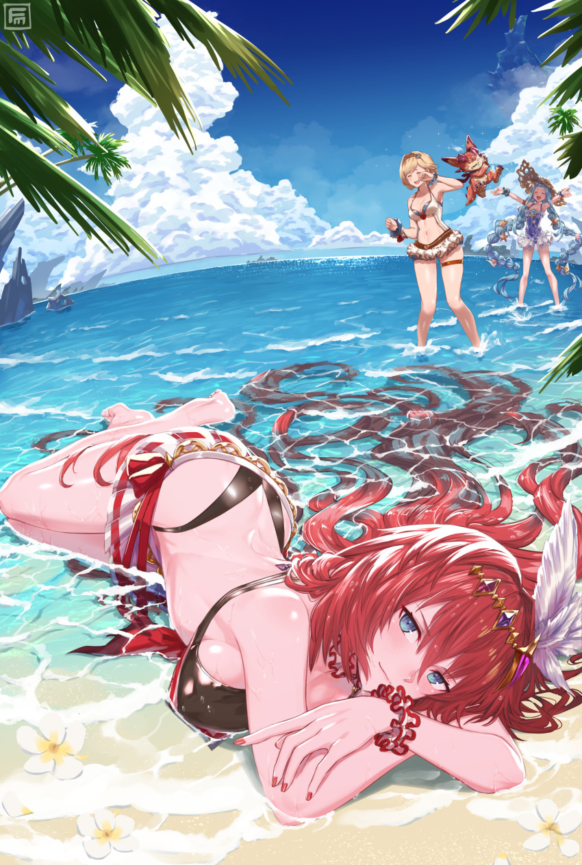 3girls, absurdres, alexiel_(summer)_(granblue_fantasy), ass, bare_shoulders, beach, bikini, blonde_hair, blue_eyes, blue_hair, blue_sky, blush, breasts, butt_crack, cleavage, collarbone, djeeta_(granblue_fantasy), djeeta_(summer)_(granblue_fantasy), dragon, fumato, godsworn_alexiel, granblue_fantasy, hair_between_eyes, hair_ornament, hair_spread_out, hairband, highres, large_breasts, long_hair, looking_at_viewer, lying, lyria_(daughter_of_pearl)_(granblue_fantasy), lyria_(granblue_fantasy), multiple_girls, ocean, red_hair, shore, short_hair, sky, swimsuit, thighs, very_long_hair, vyrn_(granblue_fantasy), water, white_bikini
