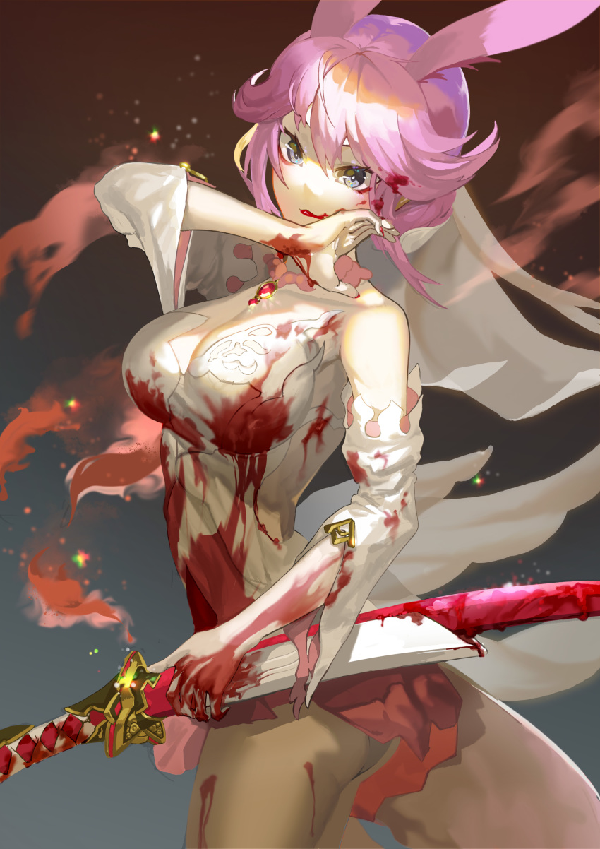 1girl, absurdres, animal_ears, bare_shoulders, blood, blood_on_clothes, blood_on_face, blood_on_hands