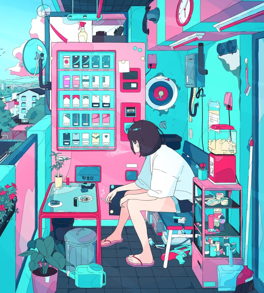 1girl, absurdly_detailed_composition, akabane_1999, ashtray, balcony, bench, blowing_smoke, bob_cut, bottle, broom, brush, building, cable, can, cigarette, cigarette_pack, clock, cloud, commentary_request, dart, dartboard, dustpan, facing_away, faucet, flower, glass_table, highres, holding, holding_cigarette, leaning_forward, loaded_interior, original, oversized_clothes, oversized_shirt, plant, potted_plant, purple_hair, shirt, short_hair, short_shorts, shorts, sidelocks, sink, sitting, slippers, smoke, smoking, solo, spray_bottle, table, target, trash_can, vending_machine, water_gun, watering_can, white_shirt, wind_chime