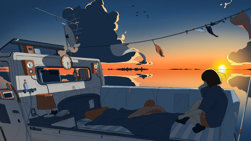 1girl, absurdres, akabane_1999, animal, arm_up, bird, black_hair, black_socks, blanket, blue_shirt, boat, book, cable, clock, clothesline, cloud, commentary, couch, dolphin_shorts, drawer, electric_plug, electrical_outlet, facing_away, highres, horizon, lamp, laundry, no_shoes, ocean, original, oversized_clothes, oversized_shirt, reflection, scenery, shirt, short_hair, shorts, sitting, sky, socks, solo, speaker, sun, sunrise, t-shirt, watercraft