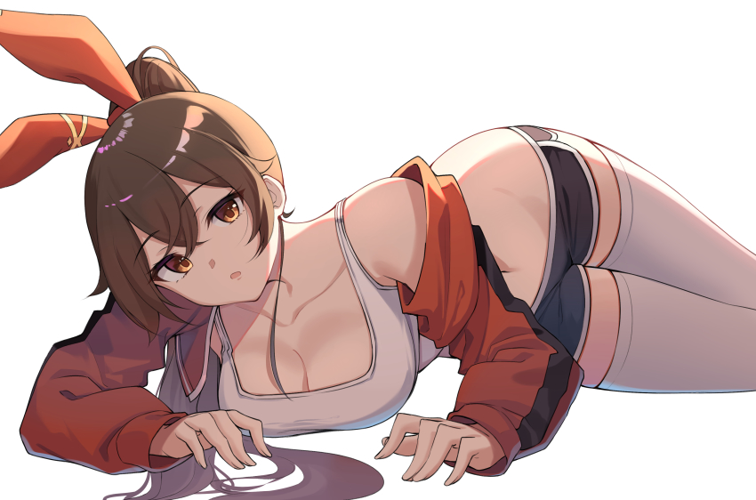 1girl, absurdres, amber_(genshin_impact), bare_shoulders, black_shorts, breasts, brown_hair, cleavage