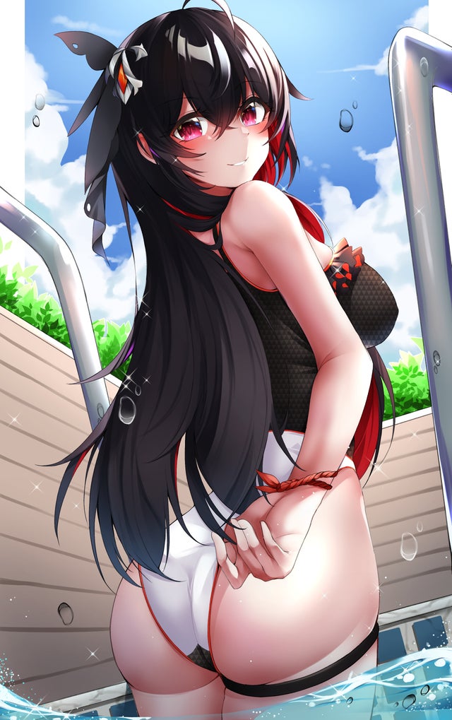 1girl, ass, honkai_gakuen, black_hair, gr_greeze, honkai_(series), honkai_impact_3rd, one-piece_swimsuit