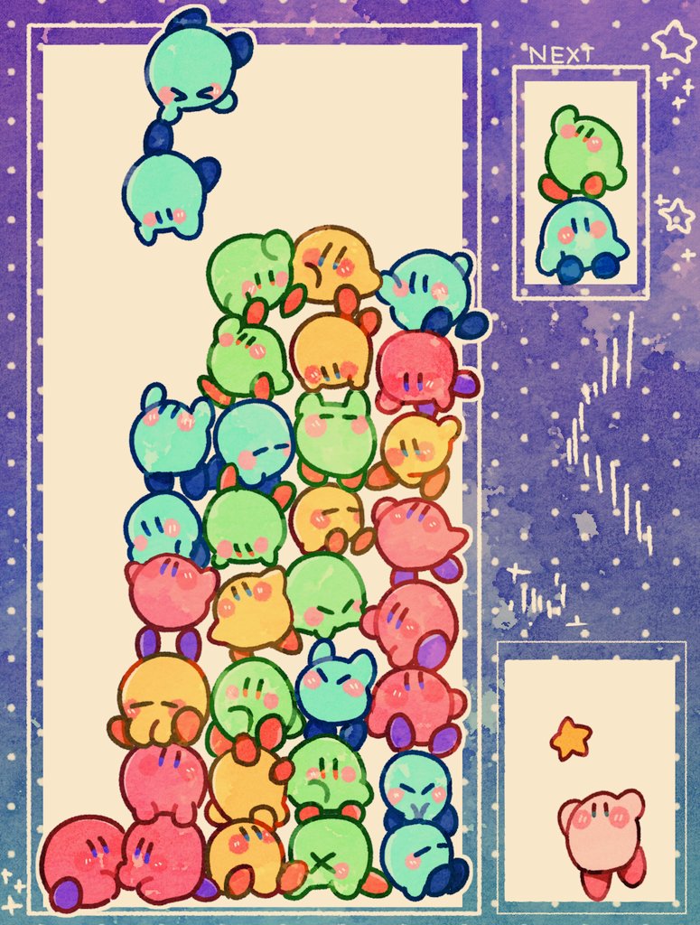 alternate_color, english_text, closed_eyes, full_body, kirby, kirby_(series), looking_at_another, nintendo, no_(x_xasm), pun, puyopuyo, solid_oval_eyes, stack, star_(symbol)