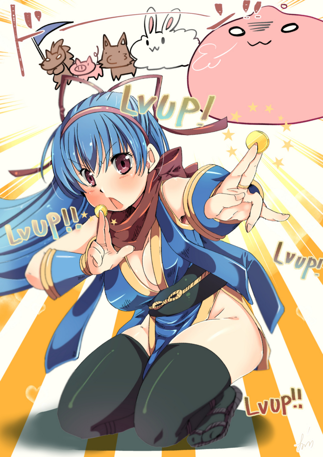 1girl, black_sash, black_thighhighs, blue_hair, blue_kimono, blush, breasts, cleavage