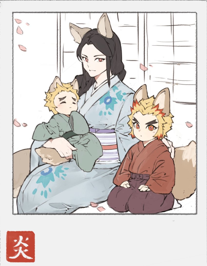 1girl, 2boys, aged_down, animal_ears, baby, blonde_hair, blue_kimono, brothers