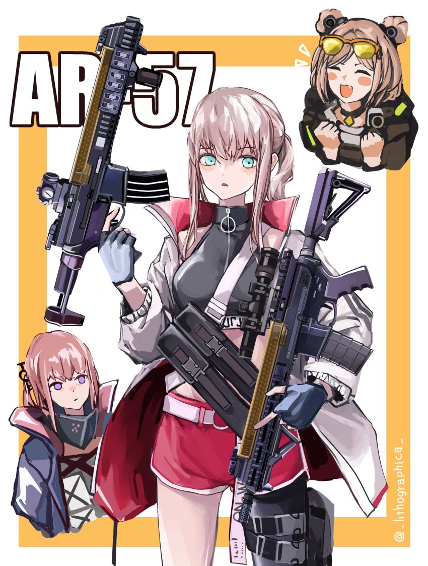 3girls, absurdres, ar-57, ar-57_(girls'_frontline), armor-piercing_ammunition, assault_rifle, belt_buckle, blush, buckle, carbine, cosplay, eyewear_on_head, fingerless_gloves, fn_5.7x28mm, girls'_frontline, glasses, gloves, green_eyes, gun, hair_bun, hair_ornament, highres, holding, holding_weapon, horizontal_magazine, jacket, lithographica, long_hair, magazine_(weapon), military_cartridge, multiple_girls, open_mouth, p90_(girls'_frontline), pdw_cartridge, personal_defense_weapon, pink_hair, pistol-caliber_carbine, pistol_cartridge, ponytail, rifle, see-through_clothes, short_shorts, shorts, single_hair_bun, single_thighhigh, st_ar-15_(girls'_frontline), st_ar-15_(girls'_frontline)_(cosplay), st_ar-15_(mod3)_(girls'_frontline), submachine_gun, supersonic_ammunition, thighhighs, translucent, weapon