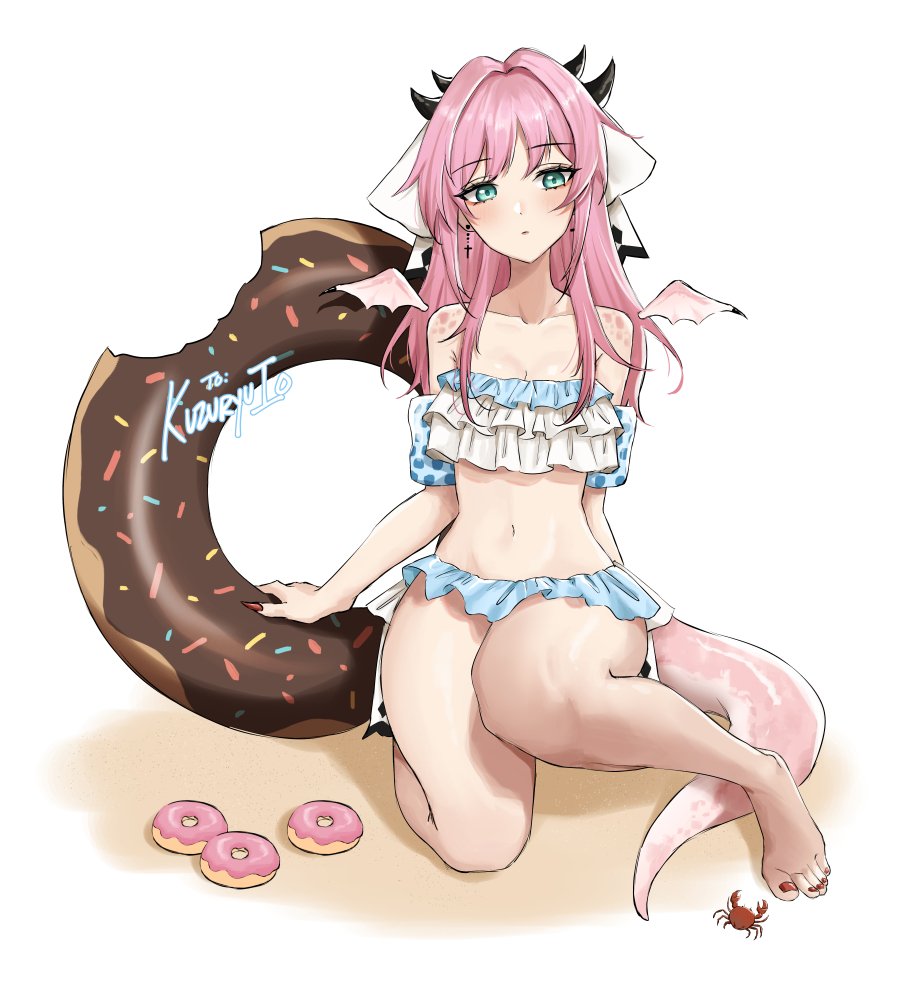 1girl, atelier_live, bare_shoulders, crab, donut, dragon_girl, dragon_horns, expulse