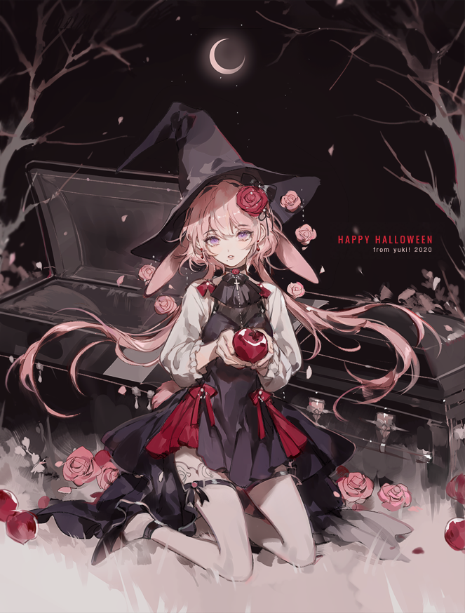 animal_ears, apple, coffin, flower, food, fruit, full_body, halloween