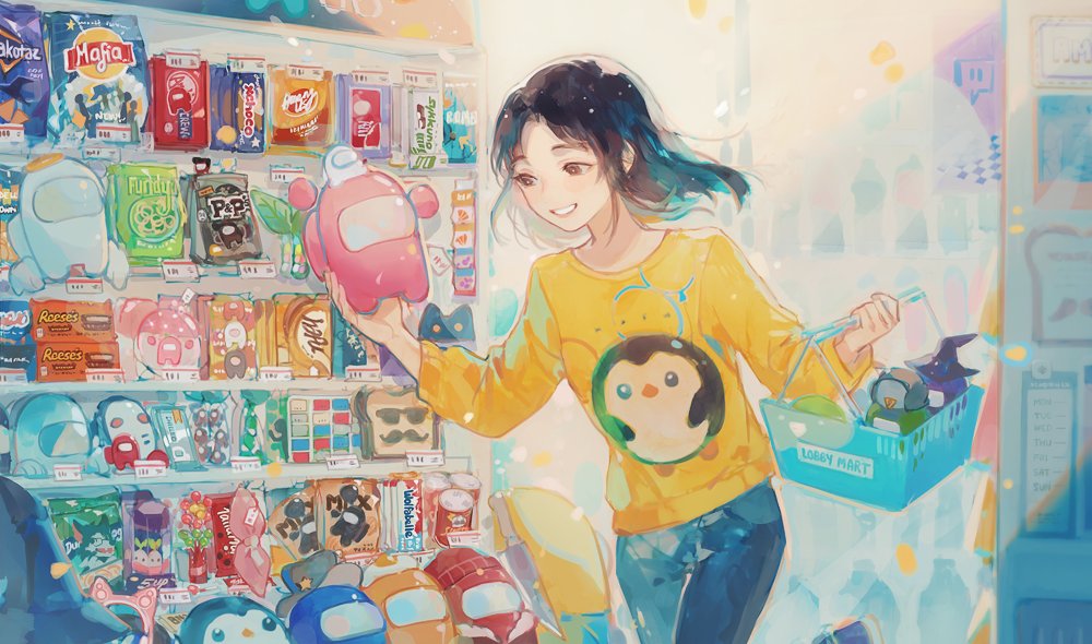 1girl, among_us, animal_ears, bird, bread, bread_slice, brown_eyes, cat_ears, crewmate_(among_us), facial_hair, food, hat, long_sleeves, medium_hair, mustache, omelet, original, pants, penguin, rumay_wang_(hafu), solo, storybuns, sunglasses, supermarket, tag, witch_hat