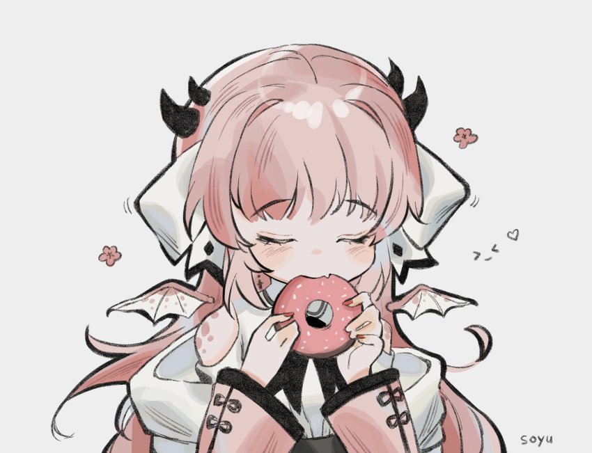 1girl, absurdres, artist_name, atelier_live, bare_shoulders, donut, dragon_girl, dragon_horns