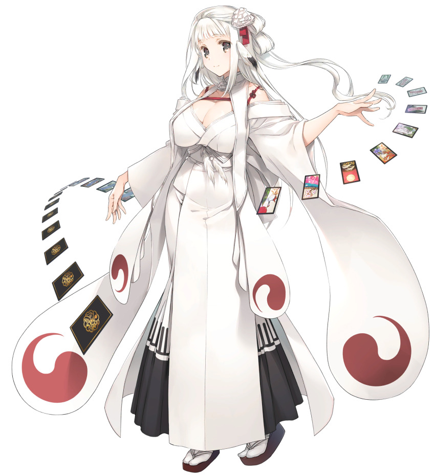1girl, animal_ears, aquaplus, bare_arms, blush, breasts, card, cleavage, closed_mouth, curvy, female_focus, full_body, grey_eyes, hanafuda, highres, huge_breasts, japanese_clothes, kimono, large_breasts, long_hair, looking_at_viewer, matsuri_(utawarerumono:_lost_flag), mitsumi_misato, official_art, sandals, simple_background, smile, socks, solo, transparent_background, utawarerumono, utawarerumono:_lost_flag, very_long_hair, white_hair, white_kimono