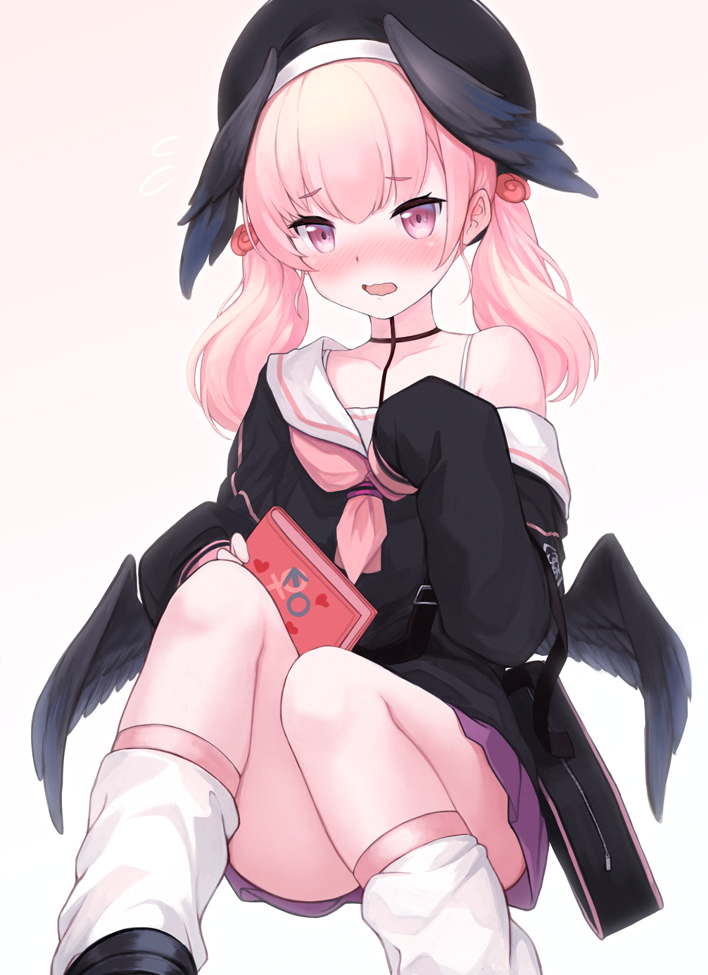 1girl, bag, beret, blue_archive, blush, commentary_request, hat, head_wings, highres, koharu_(blue_archive), looking_at_viewer, low_twintails, medium_hair, off_shoulder, open_mouth, pink_eyes, pink_hair, school_uniform, simple_background, sitting, solo, summoo, twintails, white_background, winged_hat, wings