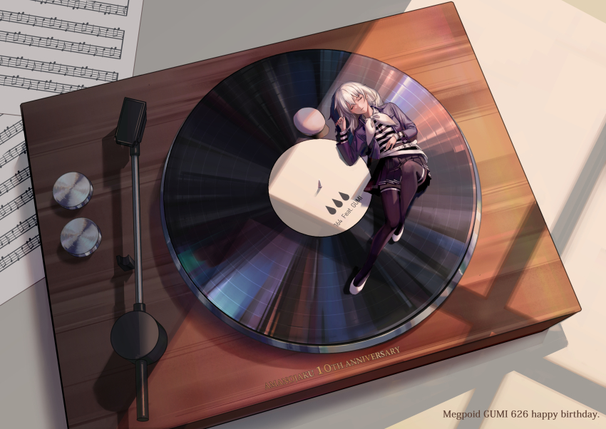 1girl, ama_no_jaku_(vocaloid), anniversary, black_shirt, black_skirt, character_name, closed_eyes, commentary