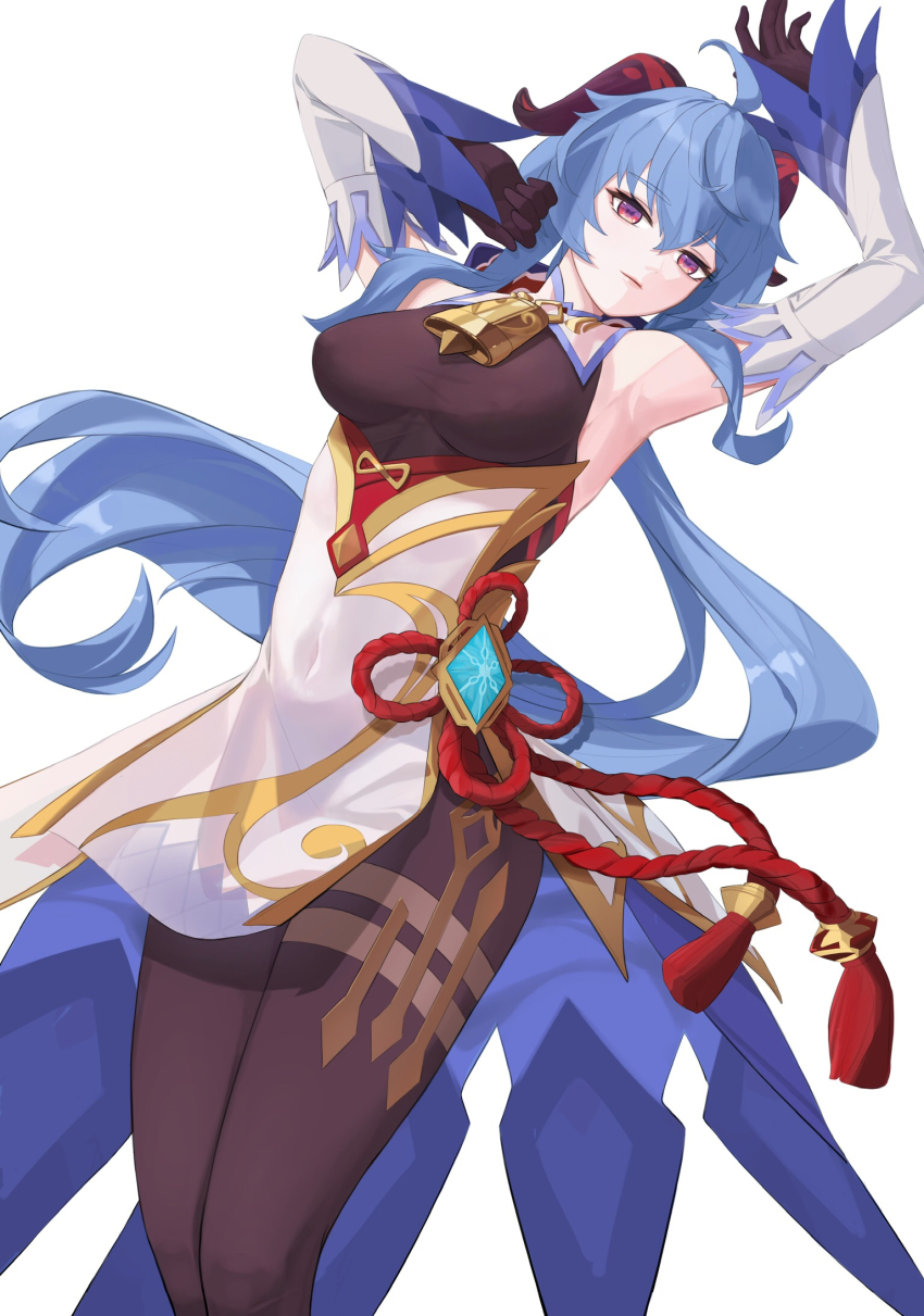 1girl, ahoge, armpits, arms_up, bell, black_bodysuit, black_gloves, blue_hair, bodysuit, commentary_request, detached_sleeves, deval, eyes_visible_through_hair, ganyu_(genshin_impact), genshin_impact, gloves, hair_between_eyes, highres, horns, long_hair, looking_at_viewer, low_ponytail, neck_bell, ponytail, red_eyes, sidelocks, simple_background, smile, solo, vision_(genshin_impact), white_background