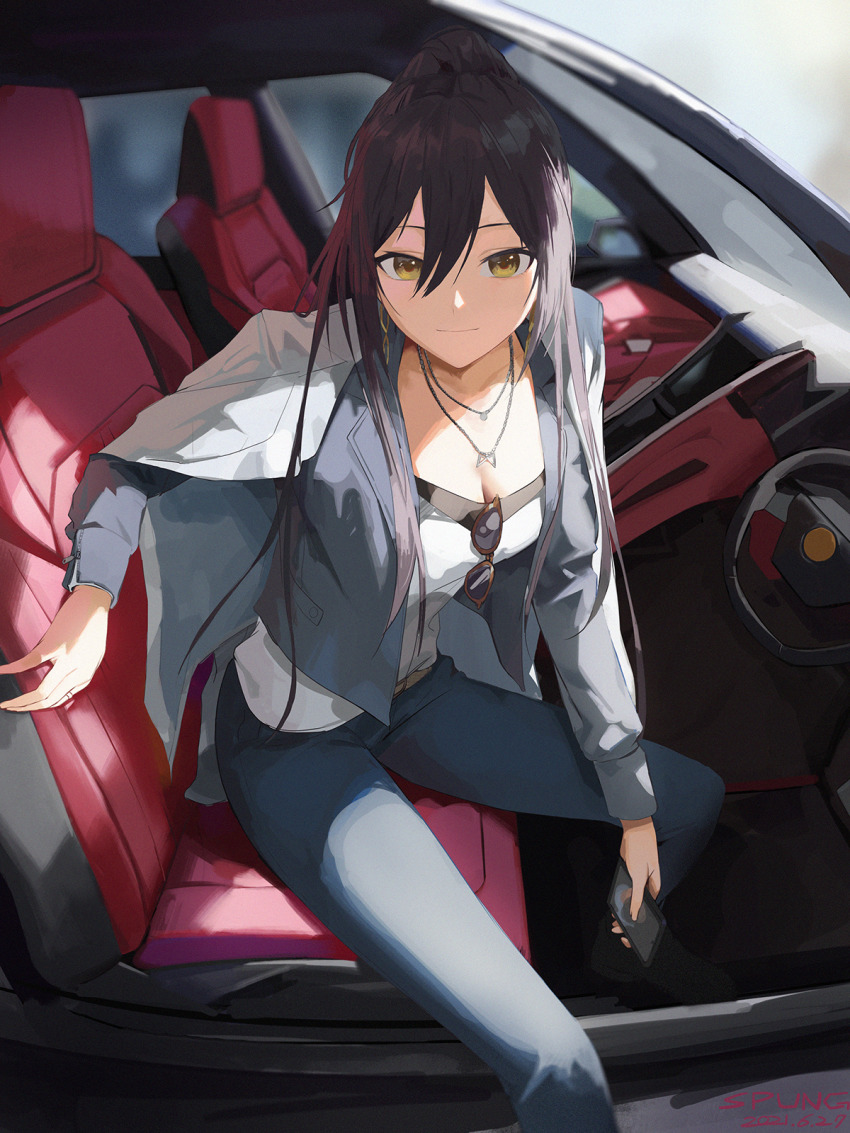1girl, bad_id, bad_pixiv_id, black_hair, blouse, breasts, car_interior, cleavage