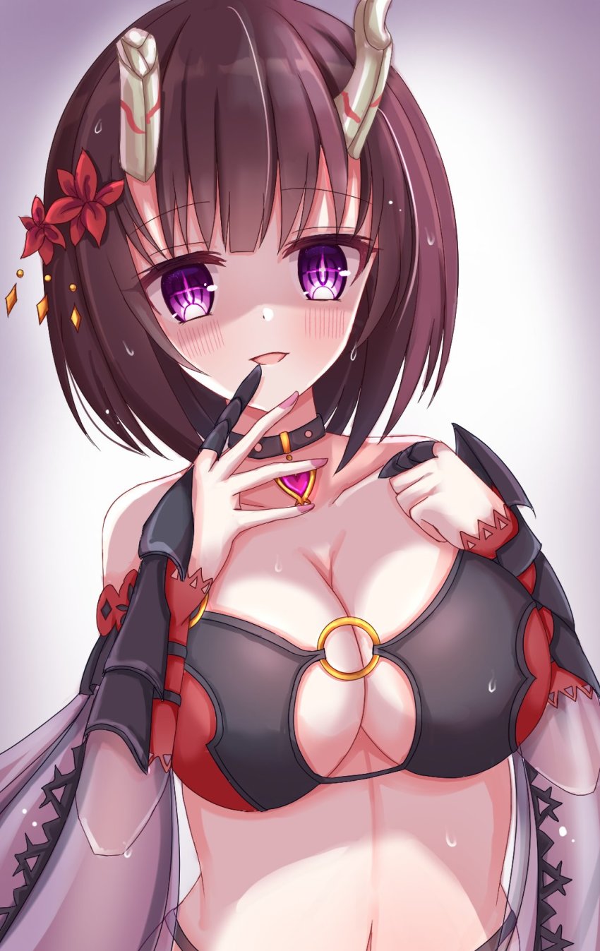 +_+, :p, bikini, broken_horn, claw_ring, collar, demon_girl, demon_horns